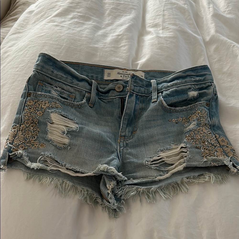 Abercrombie & Fitch Light Blue Embroidered and frayed Jean Shorts